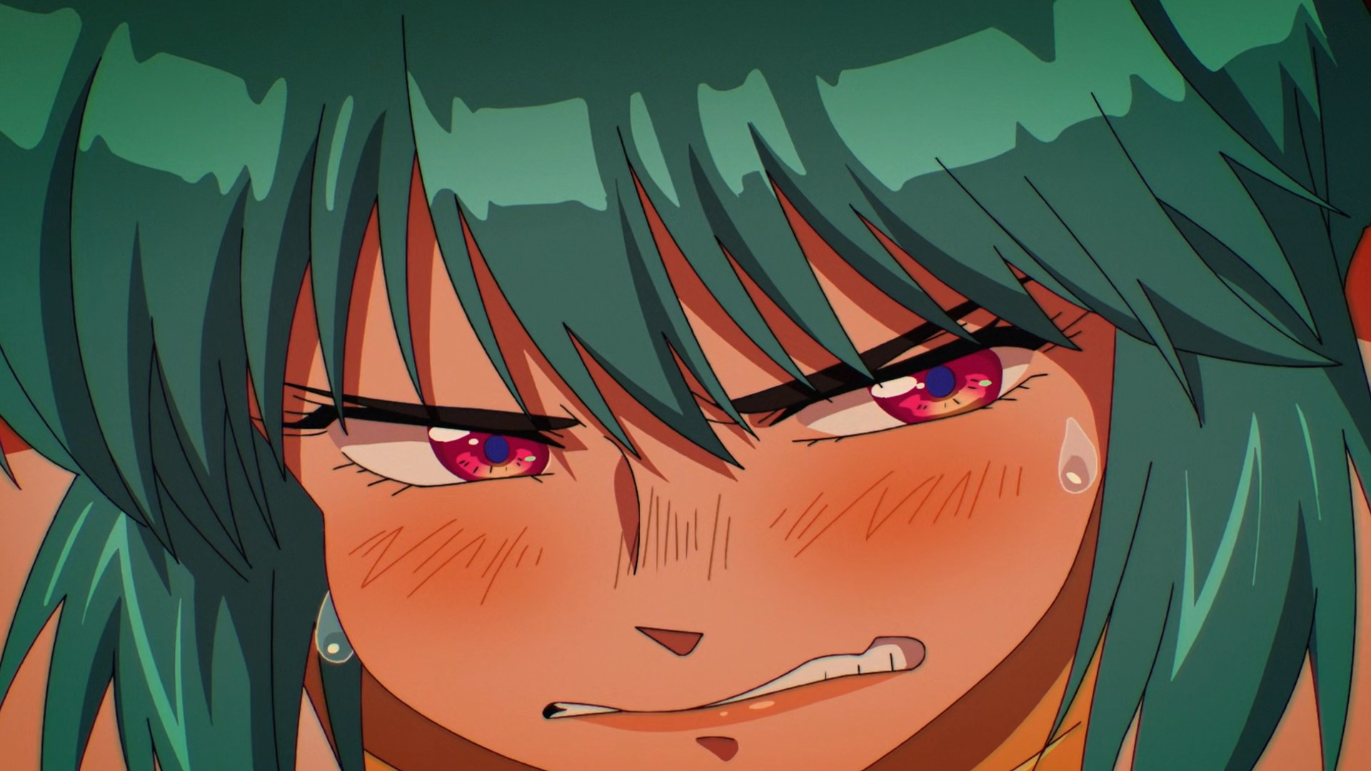 The Major, with green hair and a wide face, looking angry and blushing.